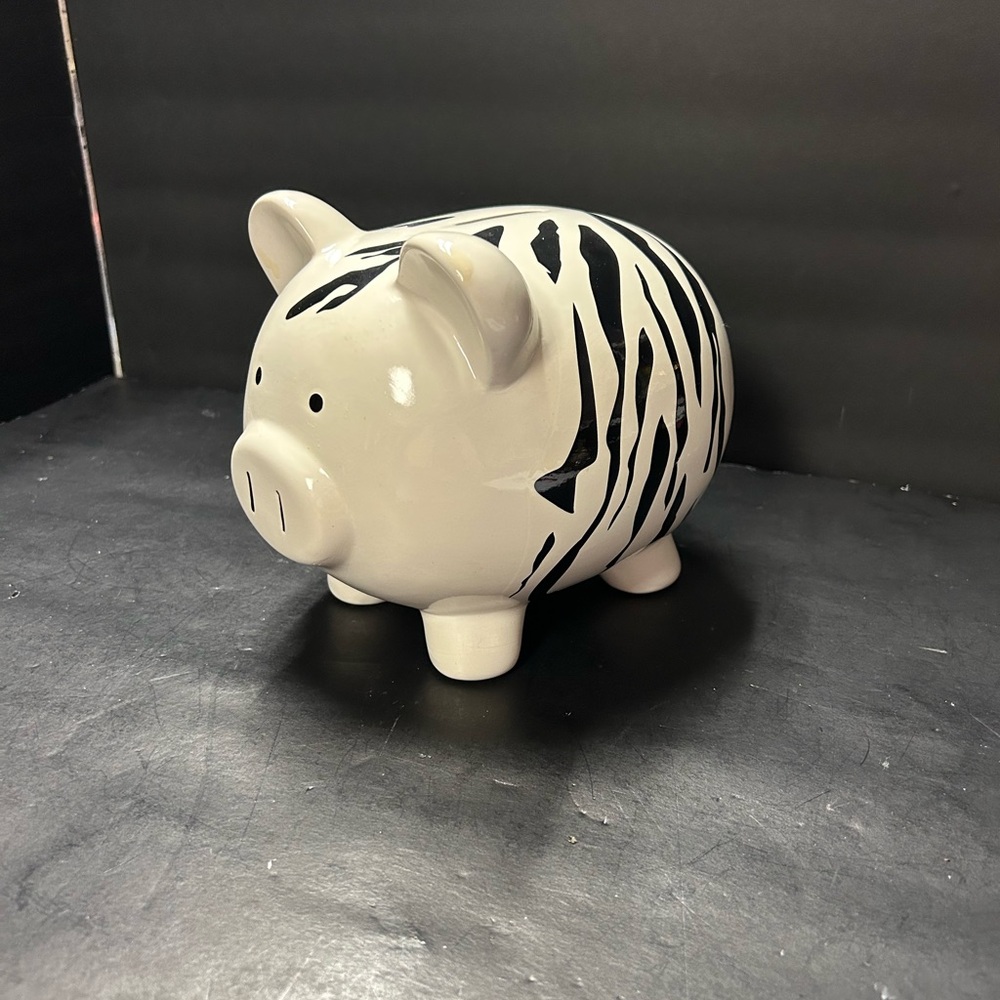 White Ceramic Piggy Bank with Black Zebra Stripes